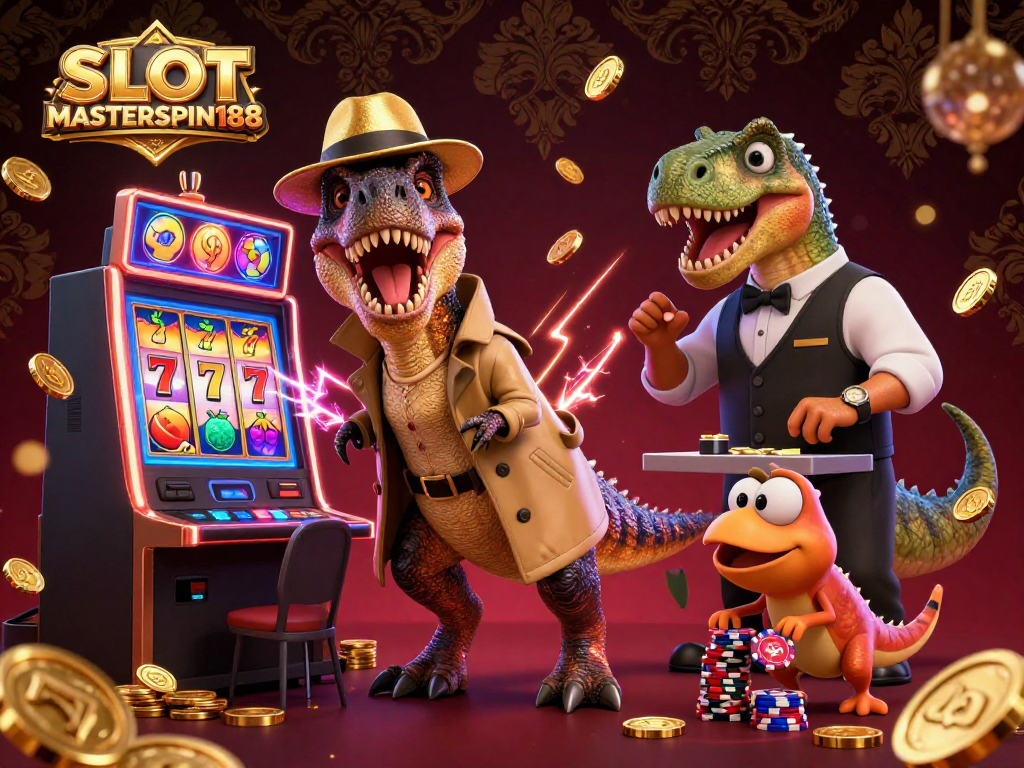 Experience vibrant gaming excitement with SLOT MASTERSPIN188, featuring dinosaur characters engaging at the slot machine.