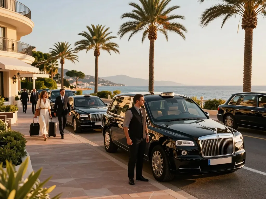 Taxi St Tropez attendant devant un hôtel de luxe, capturant l'essence d'un voyage haut de gamme.