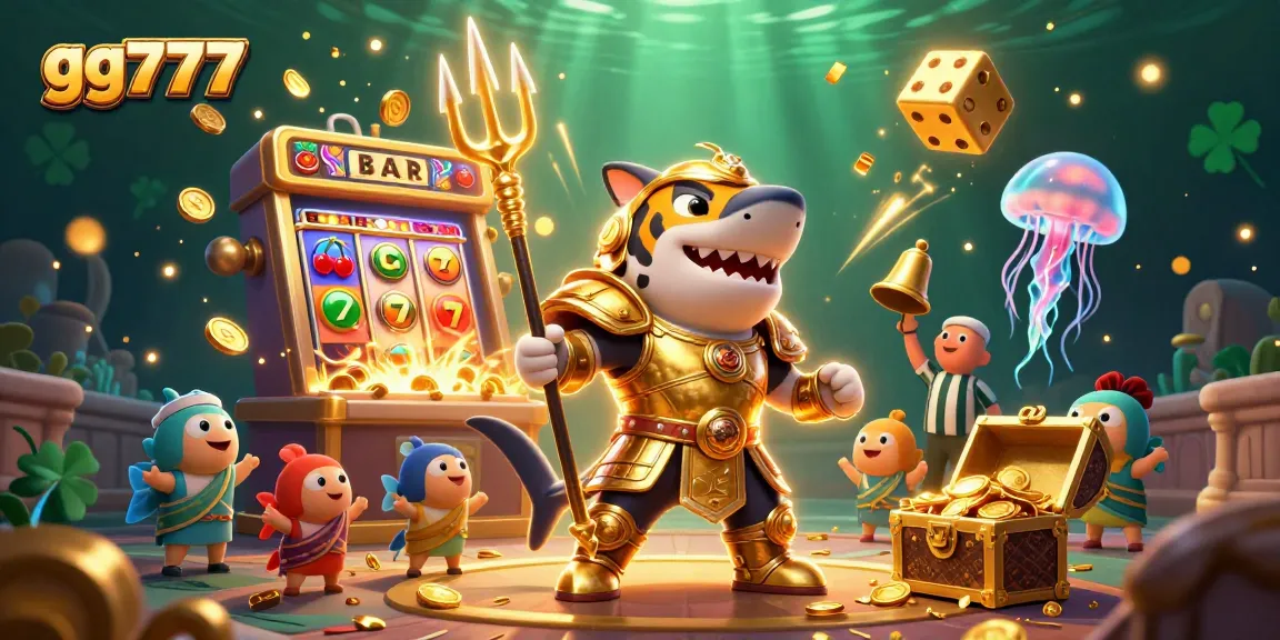 Experience the excitement of gg777 with a dynamic underwater casino scene featuring a tiger shark and slot machines.