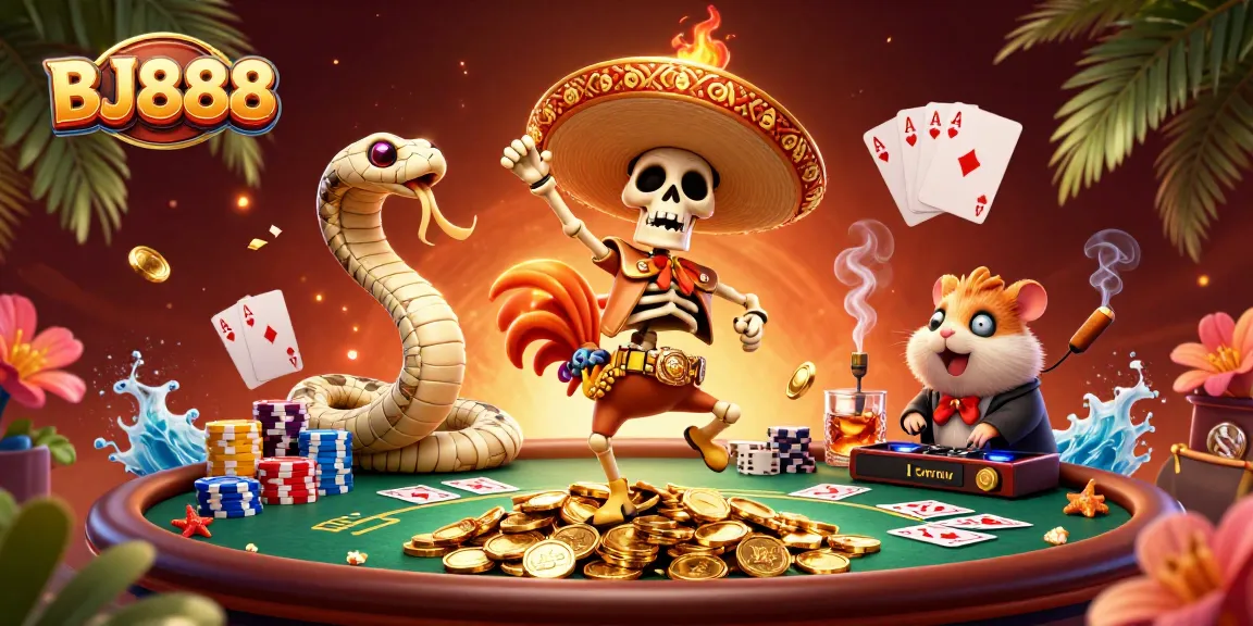 Experience lively BJ888 gaming with colorful characters celebrating around poker elements and gold coins.