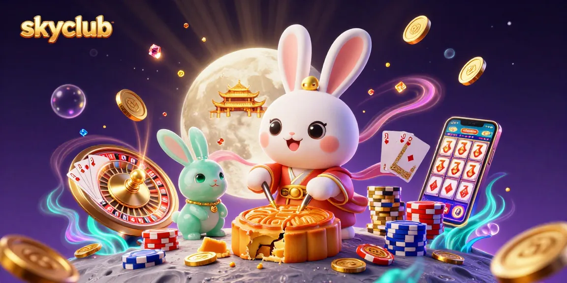 Experience the lively action at Skyclub with 3D cartoon characters immersed in a dynamic casino atmosphere featuring poker chips, coins, and game elements.