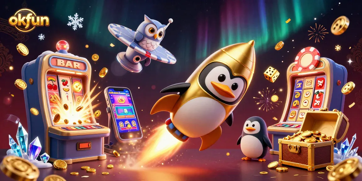 Experience the excitement of okfun with a golden penguin and jackpot animations in this vibrant casino scene.