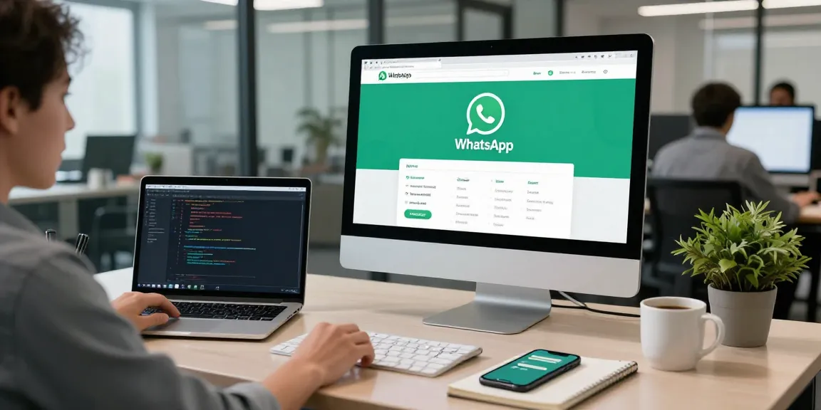Professional using WhatsApp網頁版 on desktop in a sleek workspace.