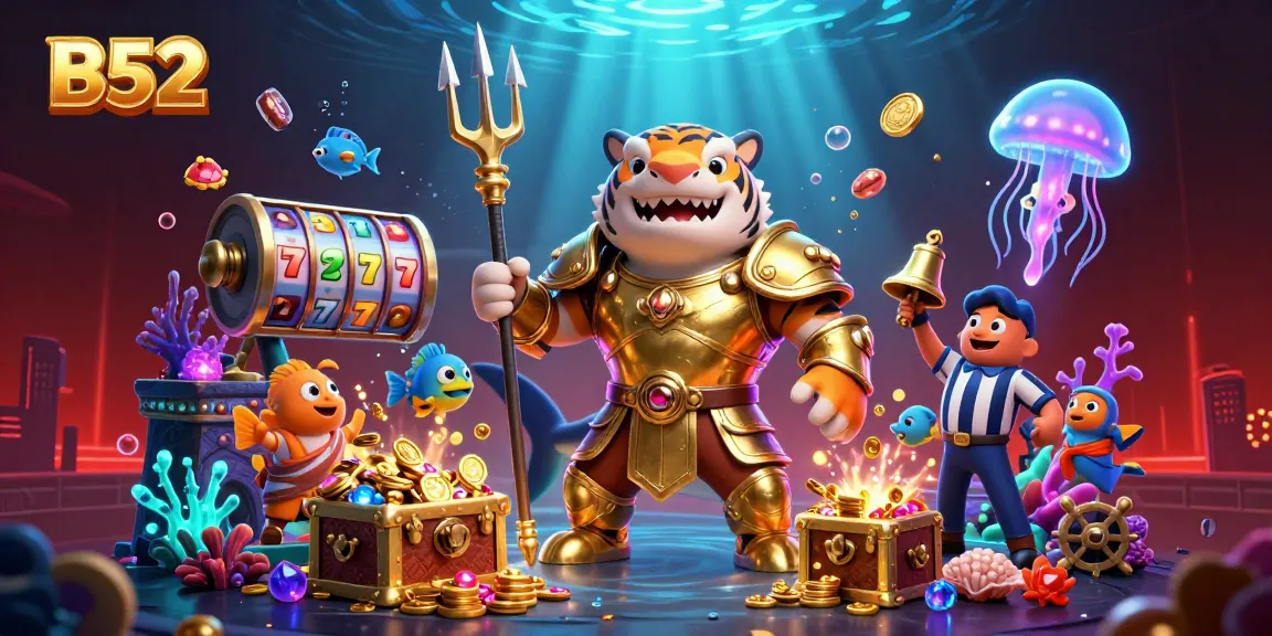 Engage in thrilling B52 slots with a vivid underwater casino featuring a tiger shark, gold coins, and bioluminescent elements.