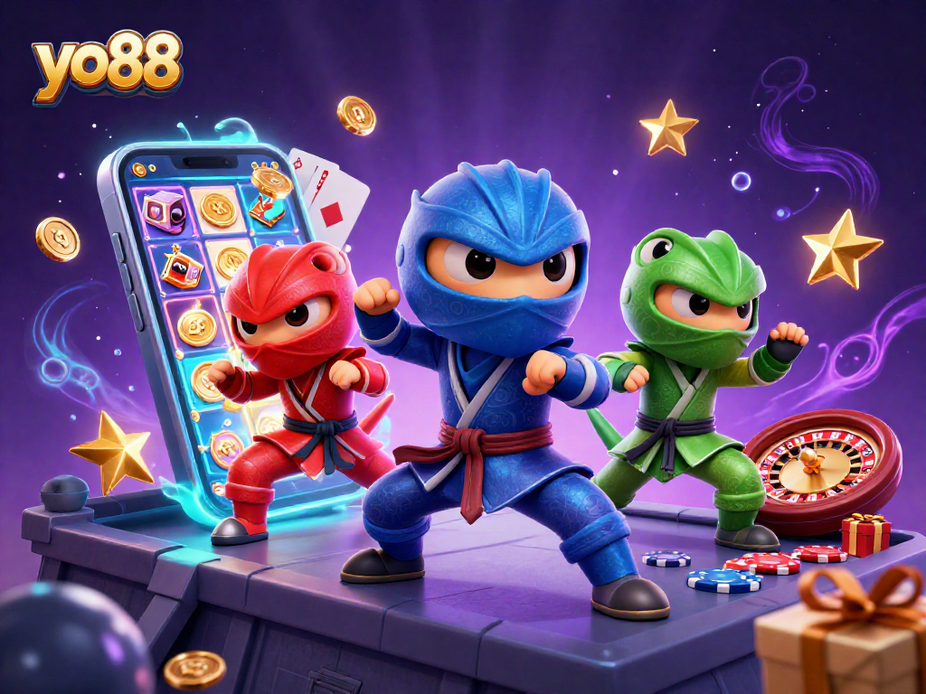 yo88 engages players with vibrant ninja chameleons in a dynamic casino-themed scene.