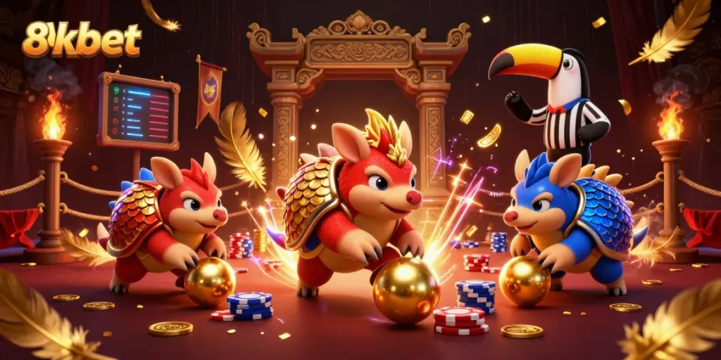 Experience thrilling gambling action with 8xbet featuring vibrant pangolins in a lively casino scene.