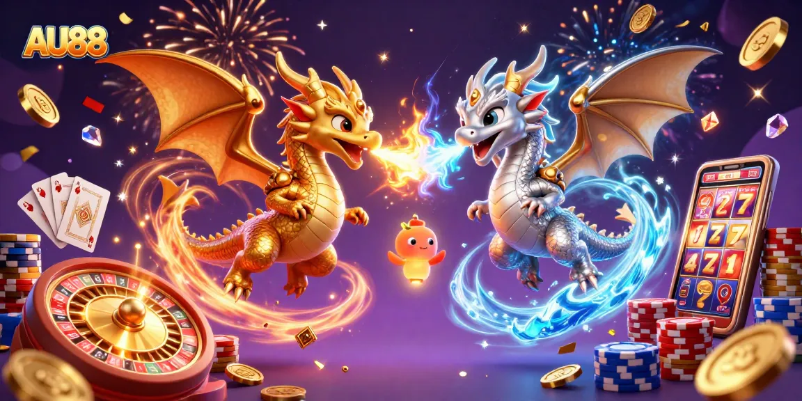Experience the thrill of AU88 casino with dragons, coins, and gaming elements in a vibrant 3D illustration.