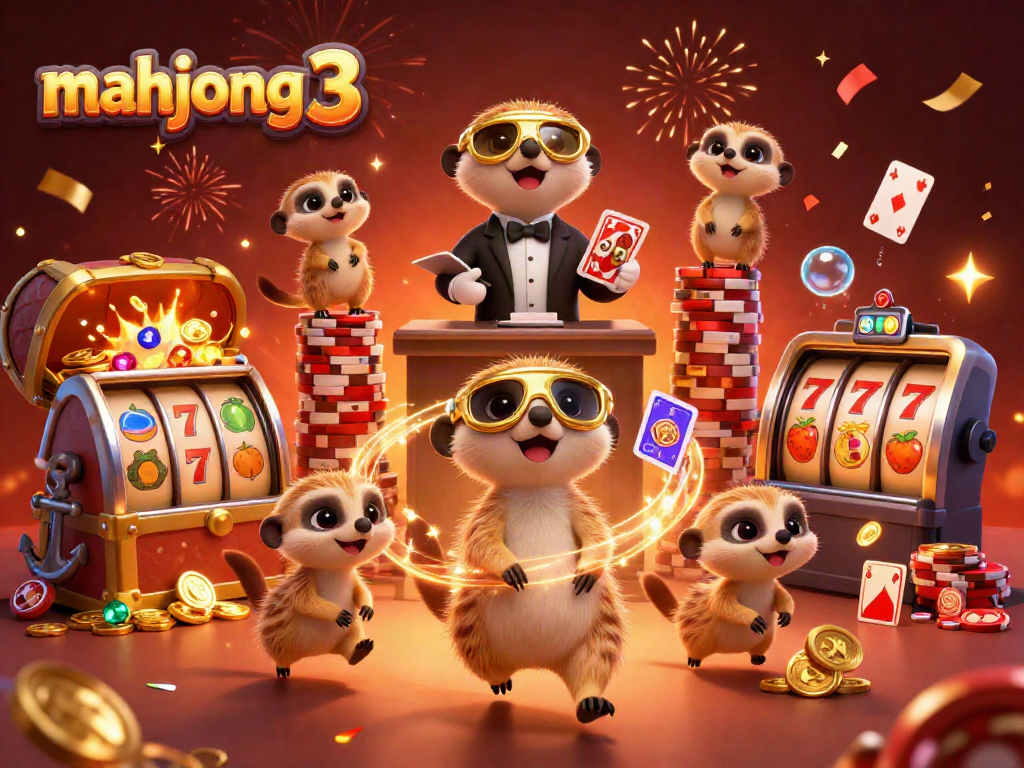 Experience the thrill of mahjong 3 with meerkats managing a casino amidst confetti and fireworks.