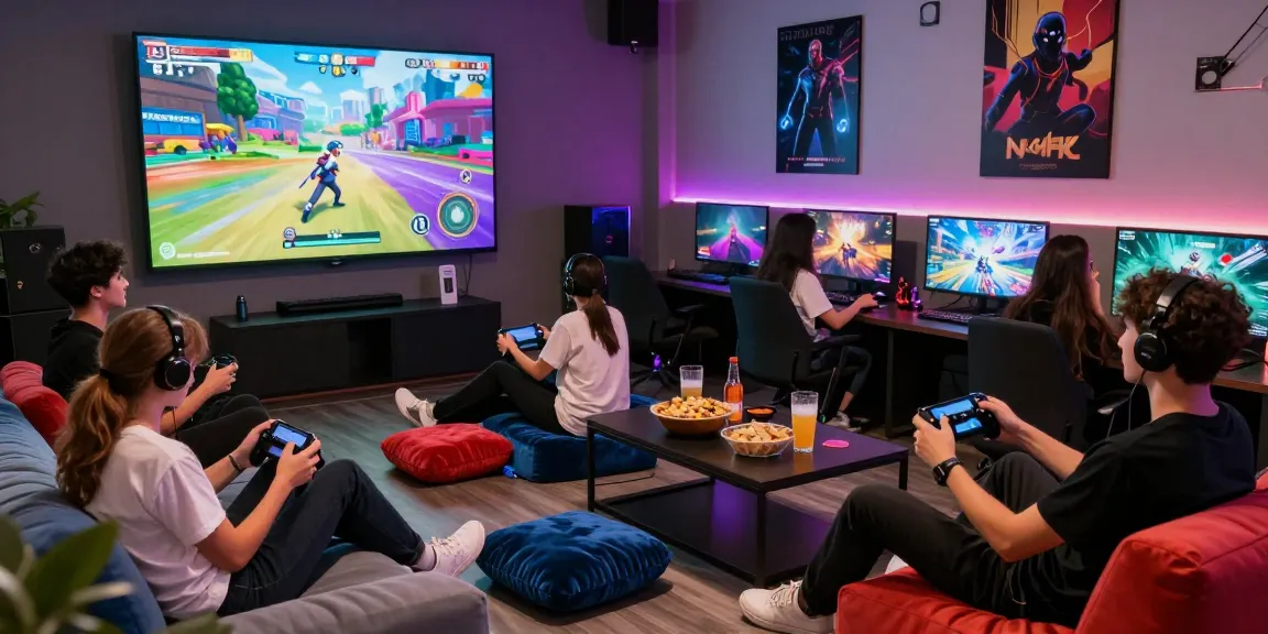 Experience lewdspot in a lively adult gaming lounge with friends, various devices and games.