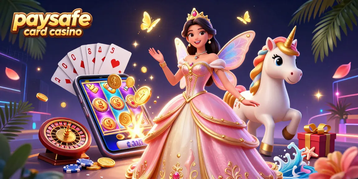 Paysafe-Karten-Casino-Illustration mit einer glamourösen asiatischen Frau, einem Einhorn und aufregenden Spielelementen.