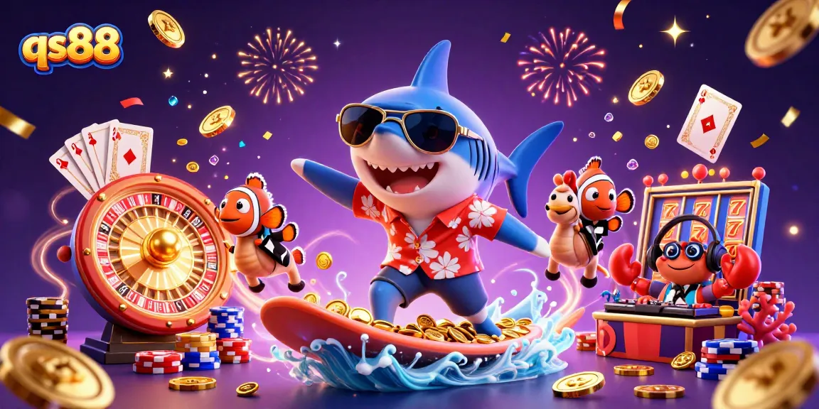 Surf and win with qs88's vibrant underwater casino adventure featuring dynamic characters and exciting game elements.