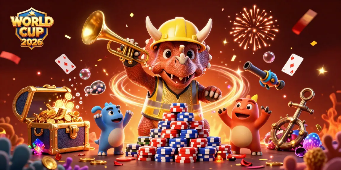 Join the excitement of WORLD CUP 2026 as a triceratops builds a poker chip pyramid amid cheering!