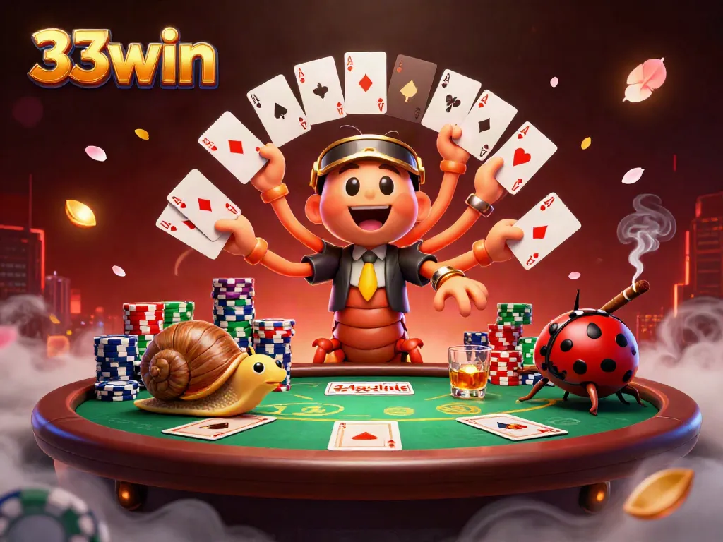 Exciting 33win poker scene with a colorful millipede dealer and vibrant chip stacks.