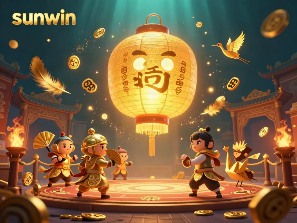 Witness the excitement of sunwin with a golden lantern spirit surrounded by vibrant casino elements.