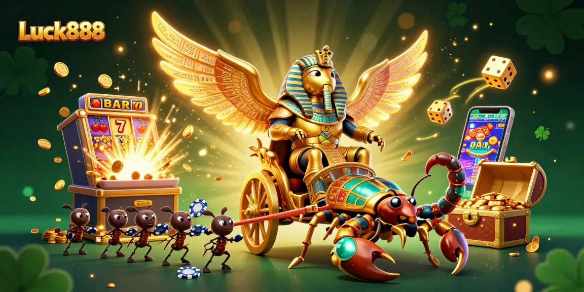 Spin the reels at Luck888 with a vibrant 3D casino illustration showcasing jackpot excitement and winning potential.
