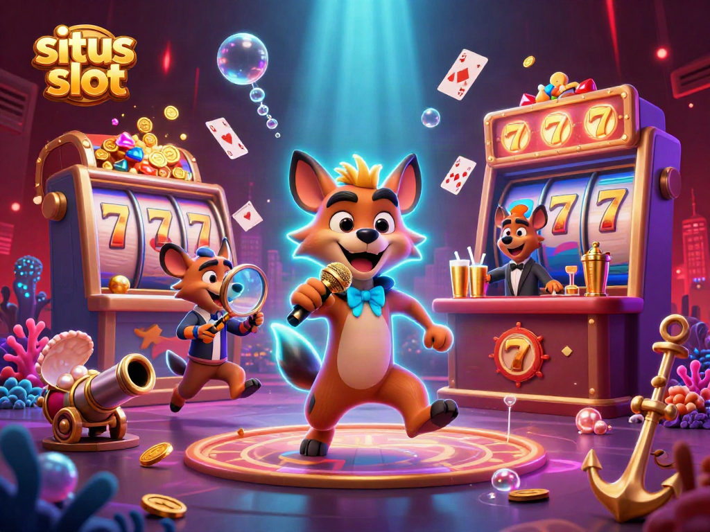 Situs slot illustration featuring hyenas in a comedy casino with slot reels and glowing gems.