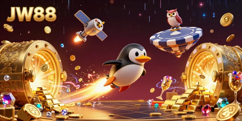 Engage in thrilling adventures at JW88, where a golden penguin navigates through a cosmic casino filled with treasures.
