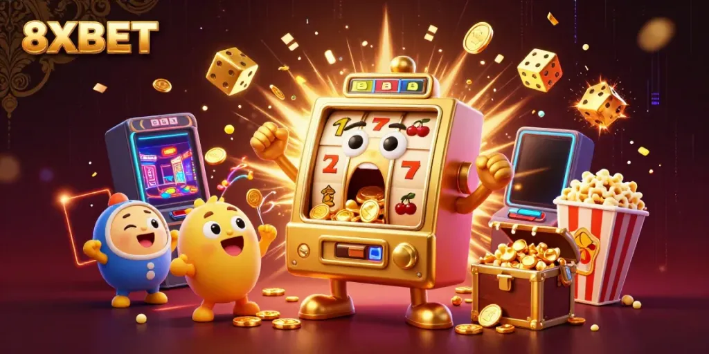 Experience 8XBET excitement with a golden slot machine jackpot celebration surrounded by coins and fun elements.
