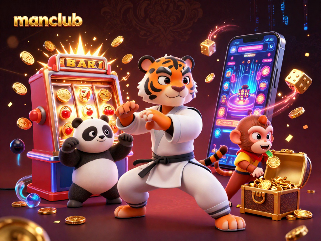 manclub promotes thrilling casino fun with a kung fu tiger and panda in vibrant action.