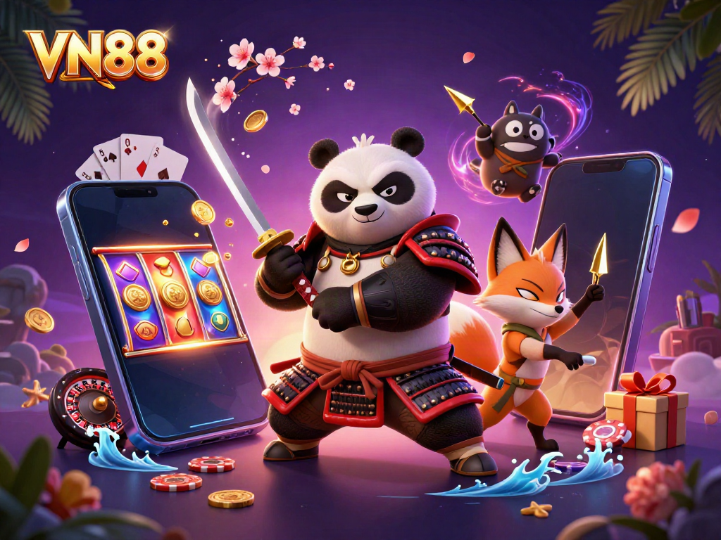 Experience thrilling gaming action at VN88 with vibrant characters and playful casino elements.