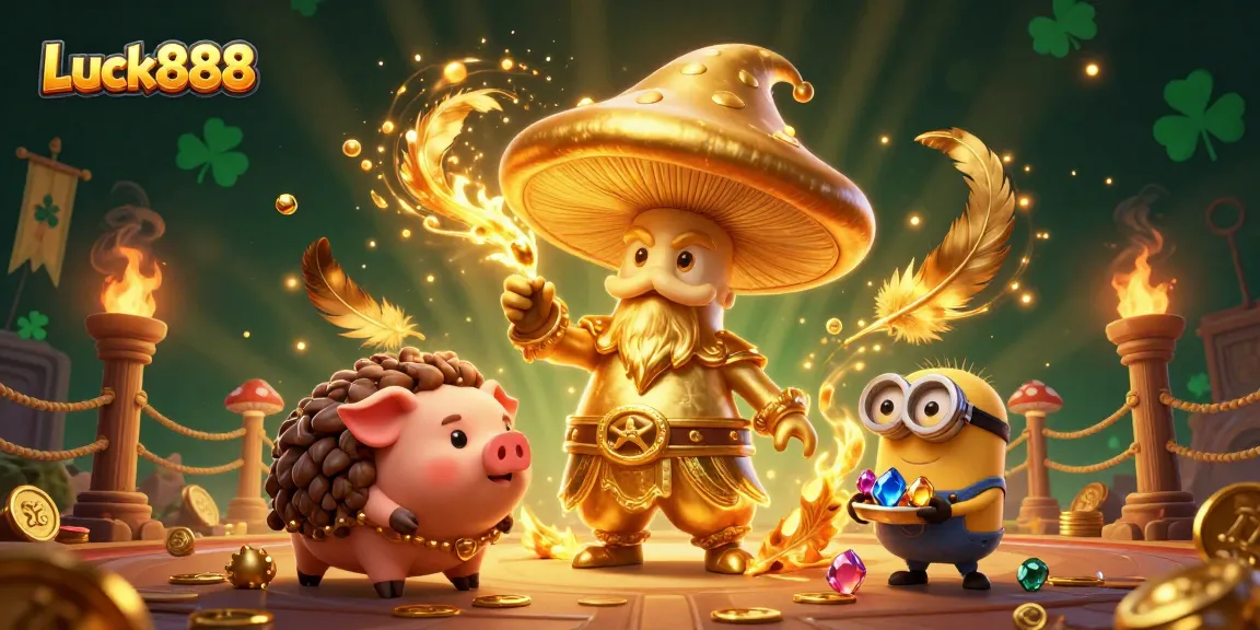 Experience thrilling gameplay with Luck888 featuring a golden mushroom wizard in an exciting casino setting.