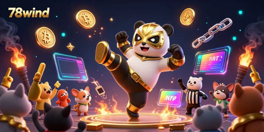 Engage in thrilling action at 78wind with a panda wrestler and vibrant animations of cryptocurrency elements.