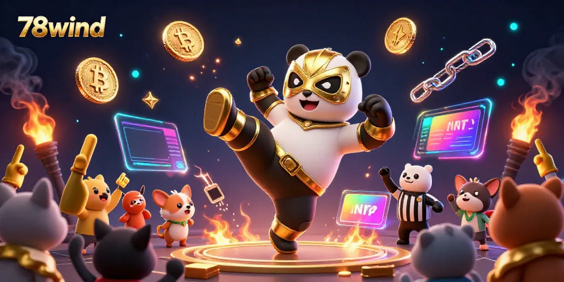 Engage in thrilling action at 78wind with a panda wrestler and vibrant animations of cryptocurrency elements.