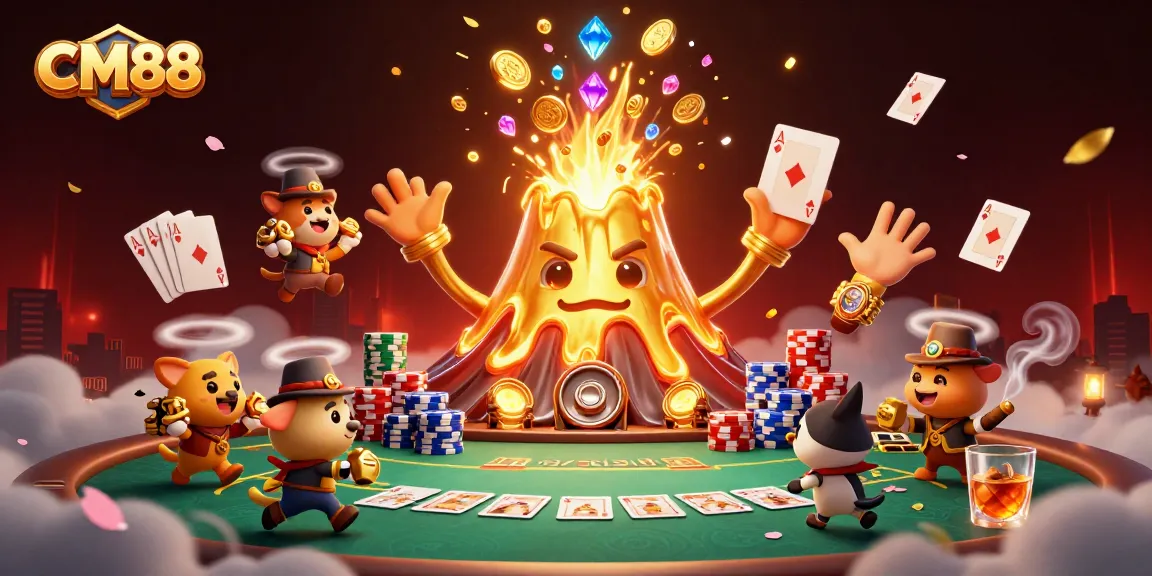 Experience thrilling gaming at CM88 with a golden volcano erupting treasures and exciting poker elements.