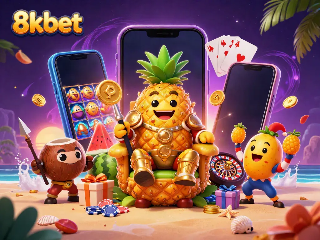 Experience the vibrant world of 8kbet with a golden pineapple king and casino-themed elements in a dynamic scene.