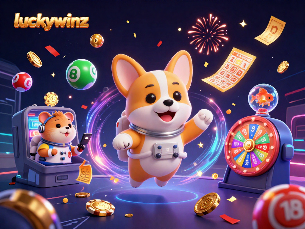 Experience exciting gameplay at luckywinz with a floating corgi astronaut and vibrant casino elements.