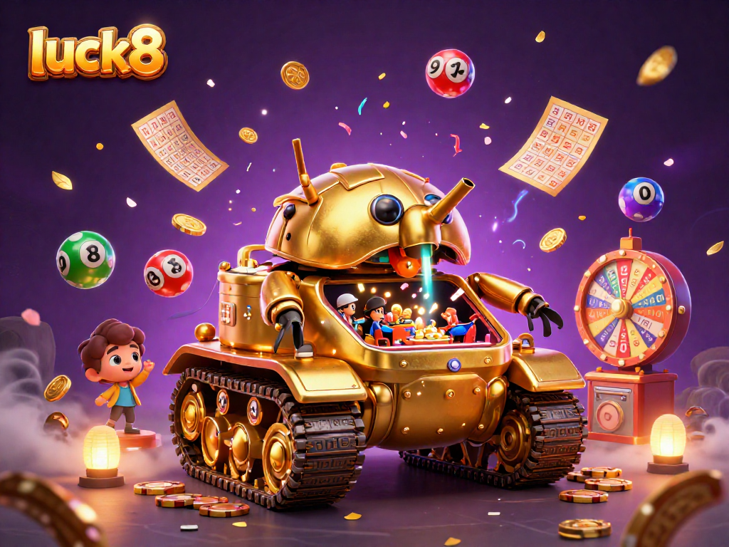Engage with luck8's vibrant casino experience through a dynamic golden beetle tank illustration.