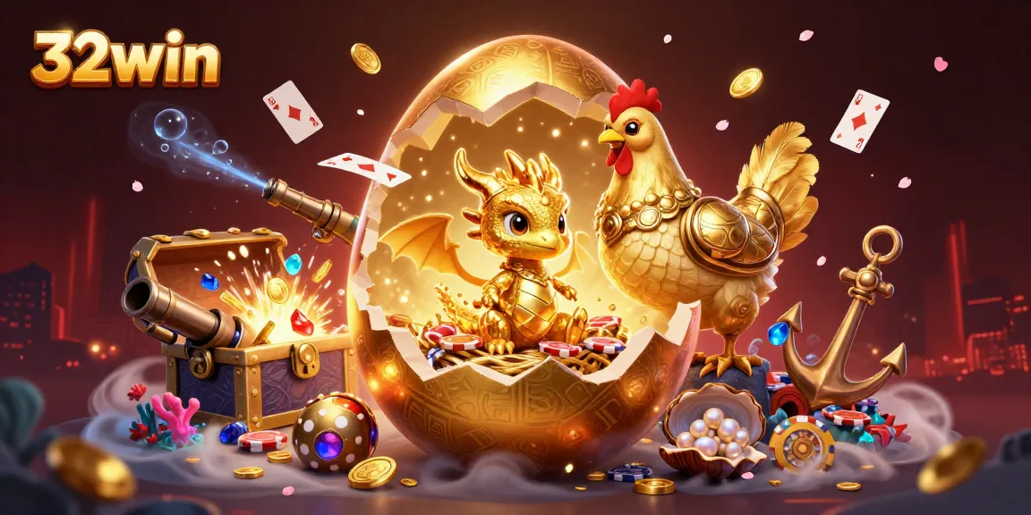 32win captivates with a golden dragon and poker chips amidst vibrant casino elements.