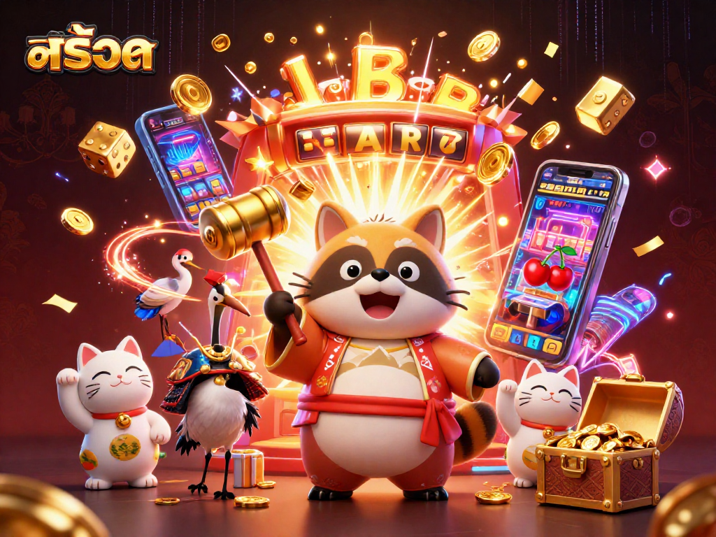 Spin the สล็อต reels with vibrant symbols and cheerful characters in an engaging casino illustration.