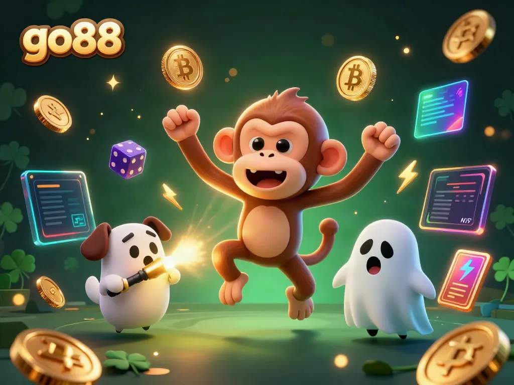 Experience go88's haunted casino thrill with a juggling poltergeist monkey and a ghost-hunter puppy
