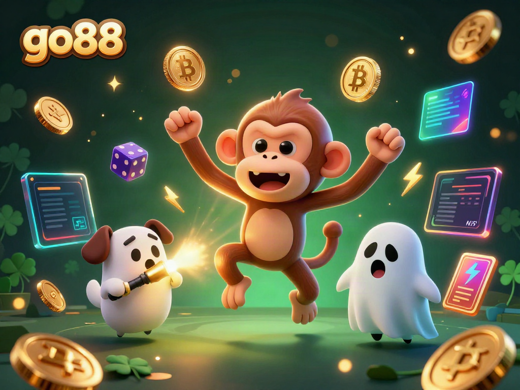 Experience go88's haunted casino thrill with a juggling poltergeist monkey and a ghost-hunter puppy