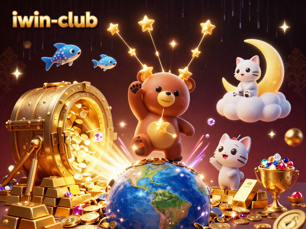 iwin-club casino illustration featuring a starry bear and treasure elements.