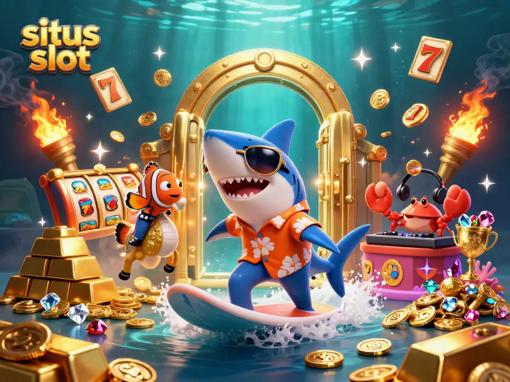 Experience excitement with situs slot as a thrilling shark surfs on gold coins, accompanied by charming sea friends.