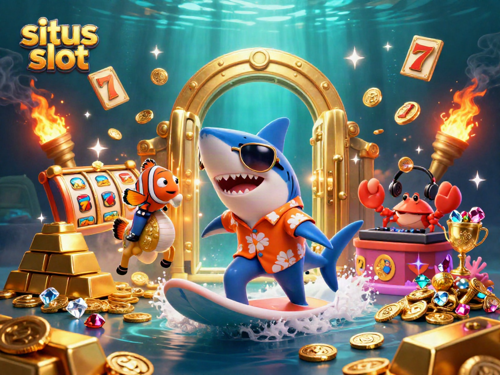 Experience excitement with situs slot as a thrilling shark surfs on gold coins, accompanied by charming sea friends.