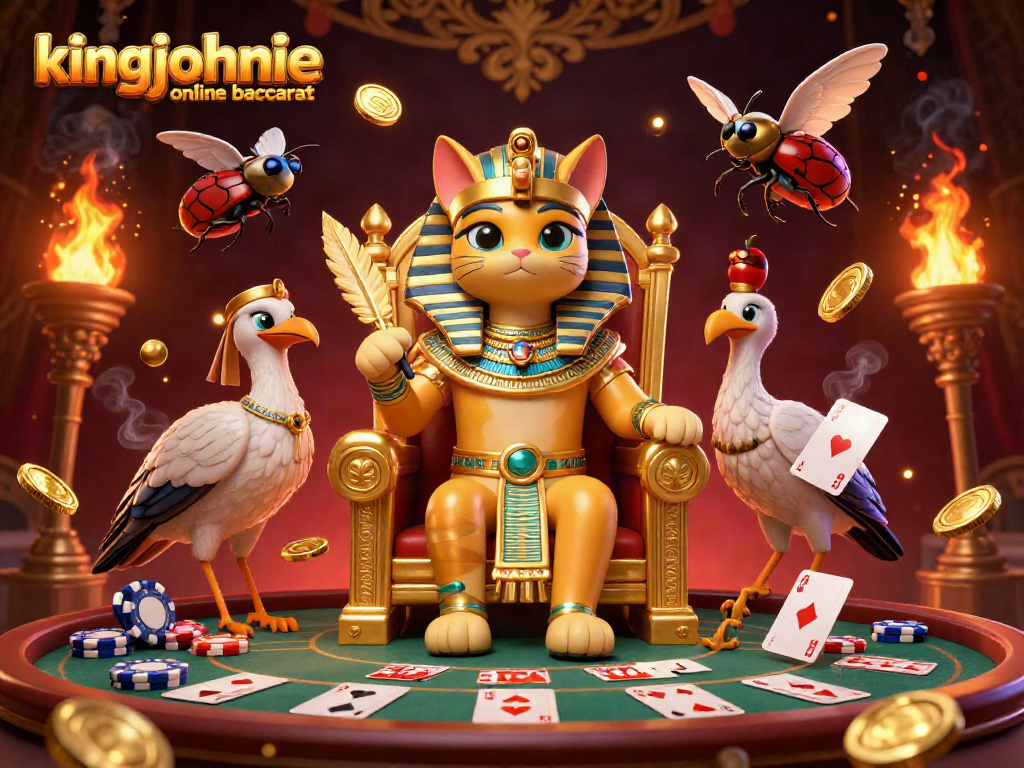 Experience the thrill of kingjohnnie online baccarat with this vibrant 3D cartoon illustration showcasing dynamic casino elements.