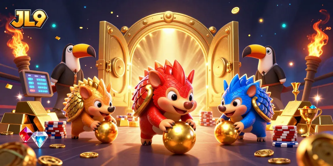 JL9 brings excitement as rival pangolins compete, surrounded by golden gaming treasures.