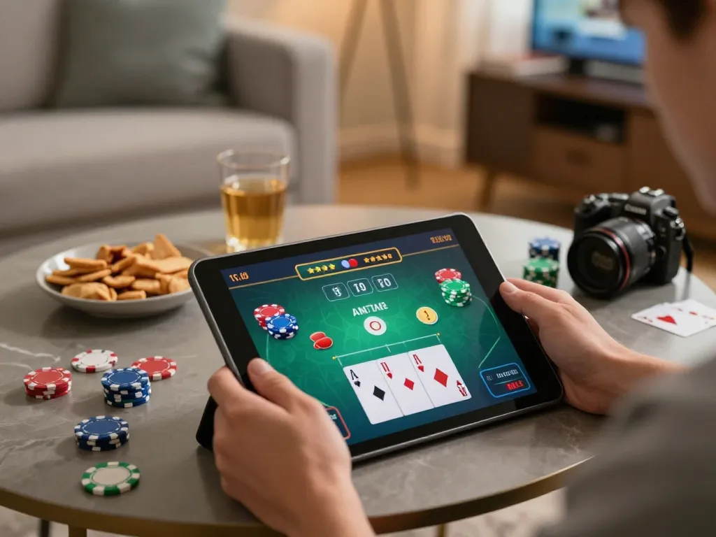 Player enjoying blackjack on 98win98 tablet with engaging game interface and snacks ready.
