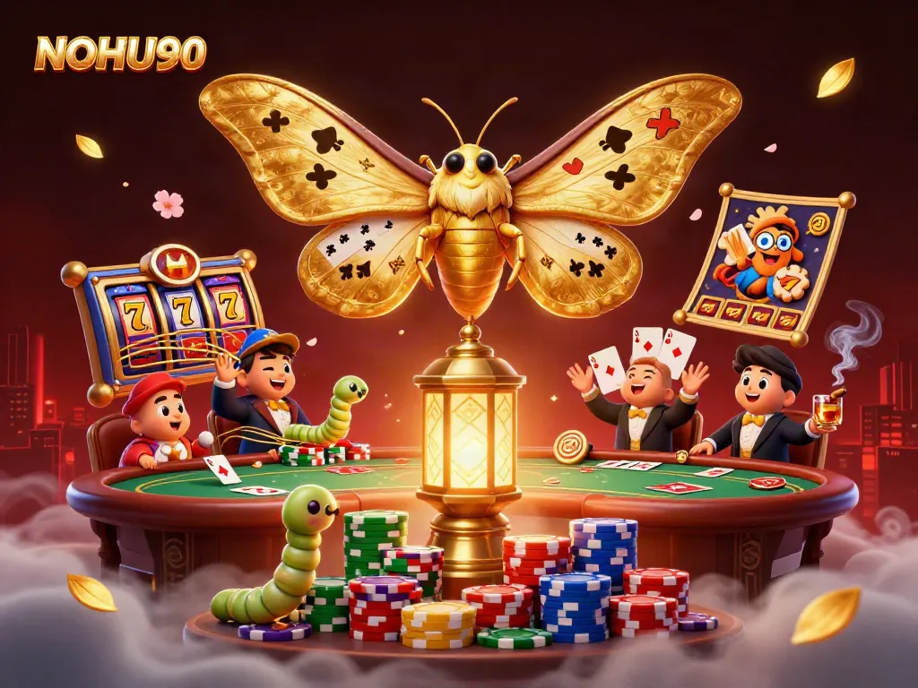 Experience the excitement of NOHU90 with vibrant casino elements and a majestic moth illustration.