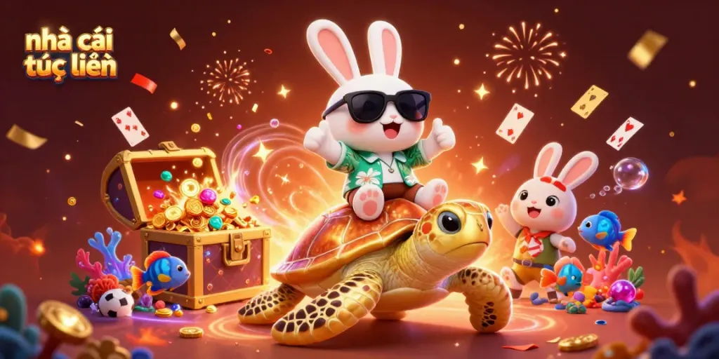 Experience the excitement of nhà cái trực tuyến with a fun rabbit and a golden turtle amid colorful casino elements.