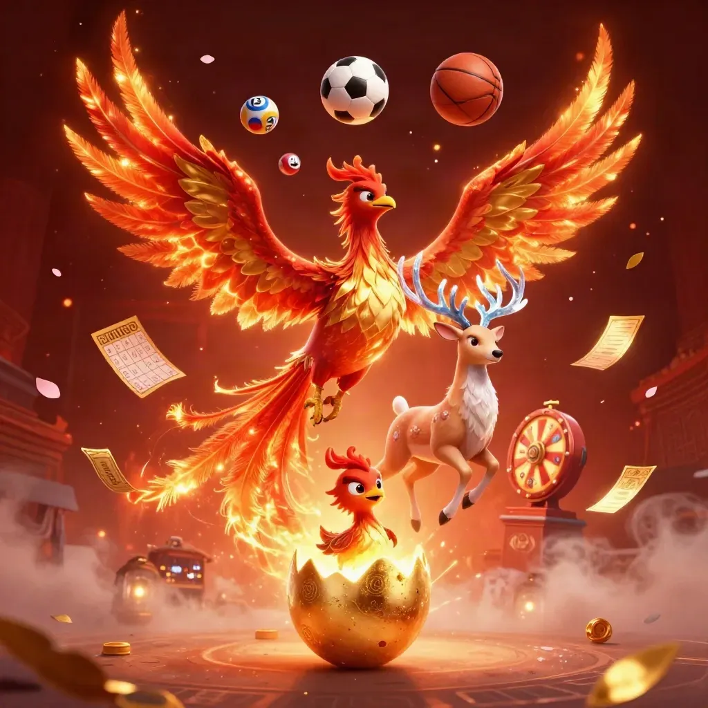 Fiery phoenix, stag, and casino symbols explode around sports balls in a premium fantasy tile.