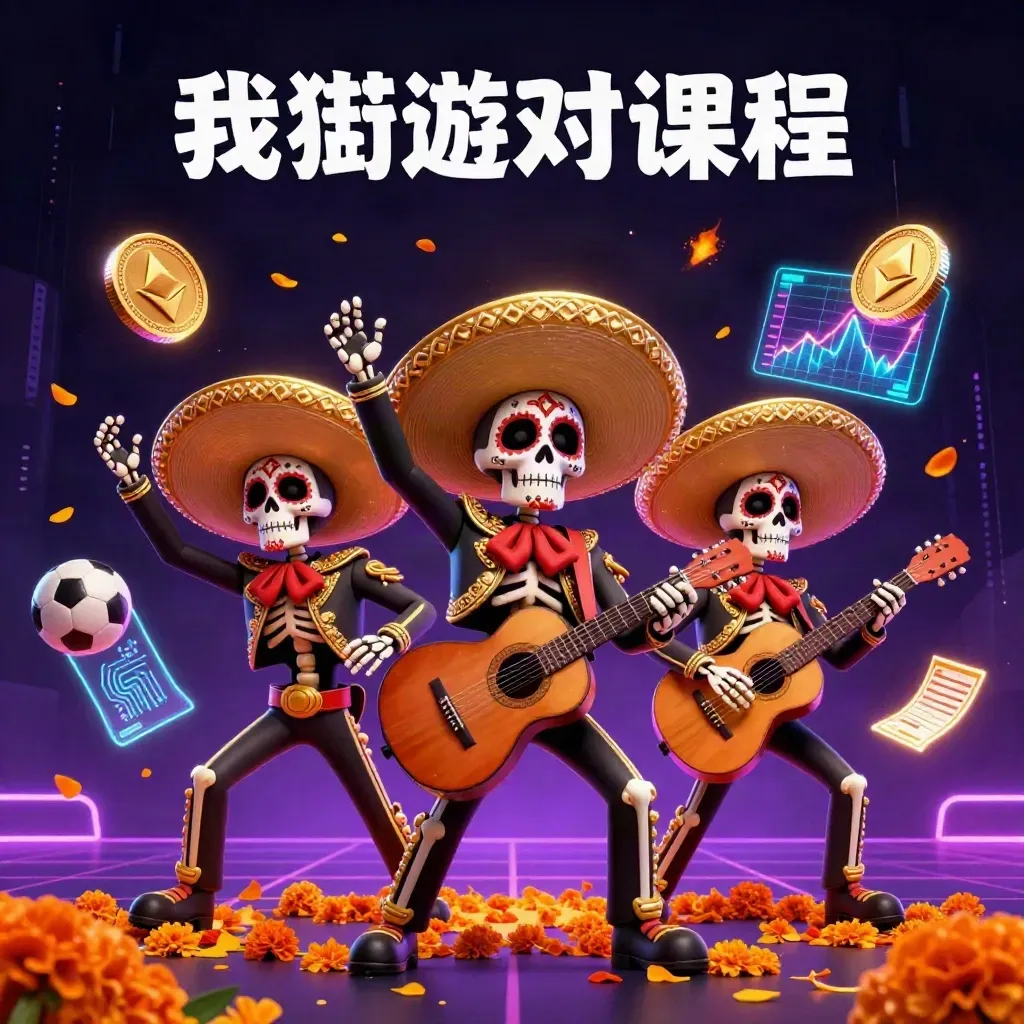 Three skeleton mariachi performers amid gold coins, lightning, sports icons, and neon casino energy.