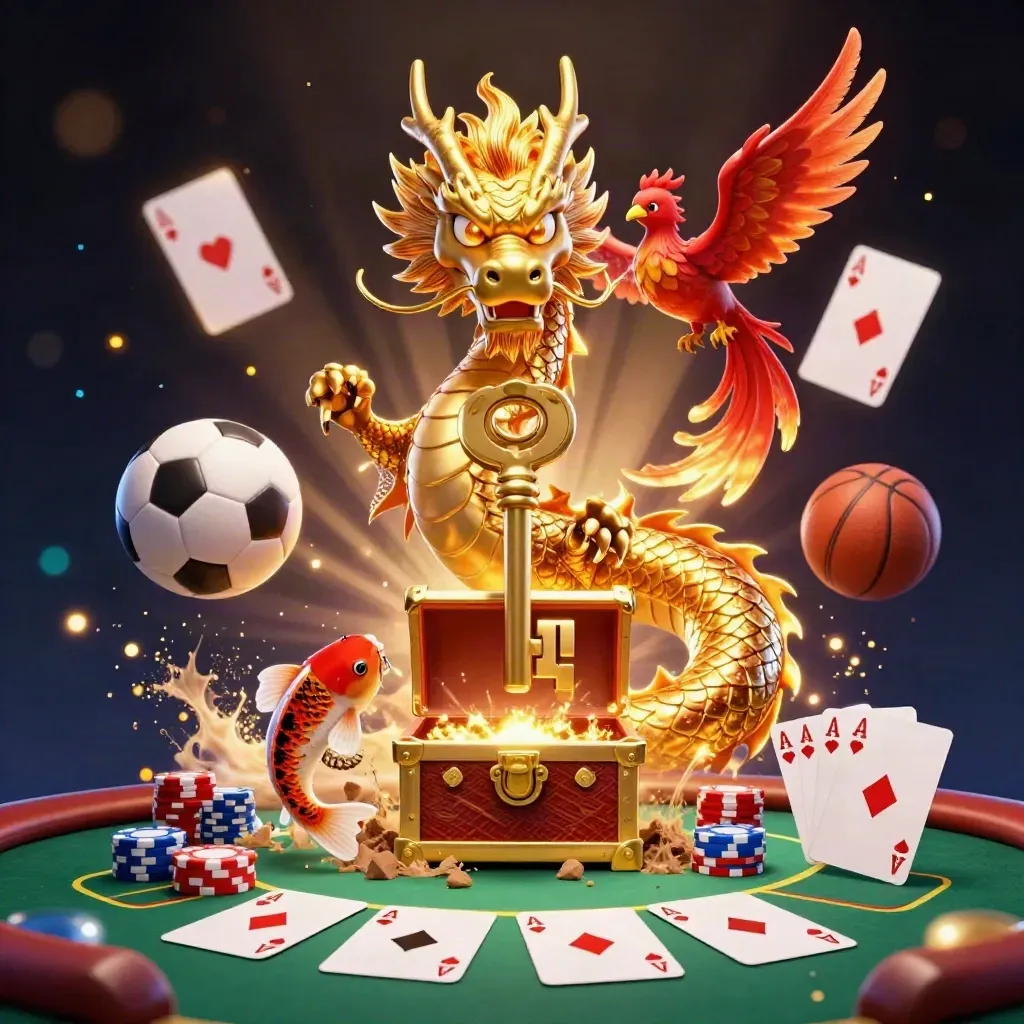 Golden dragon, phoenix, koi, casino chips and balls in a dramatic navy-gold blast.