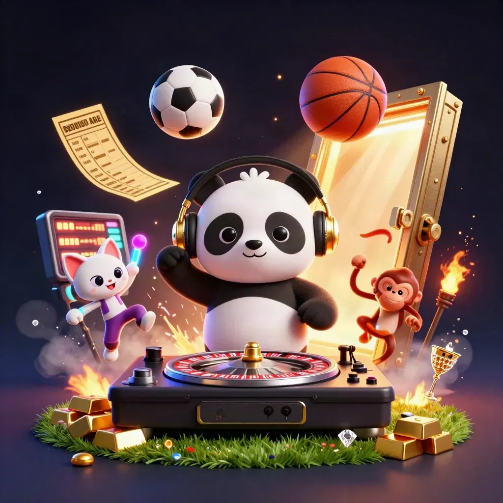 Neon casino sports scene with panda DJ, monkey and kitten, balls, gold and treasure vault light.
