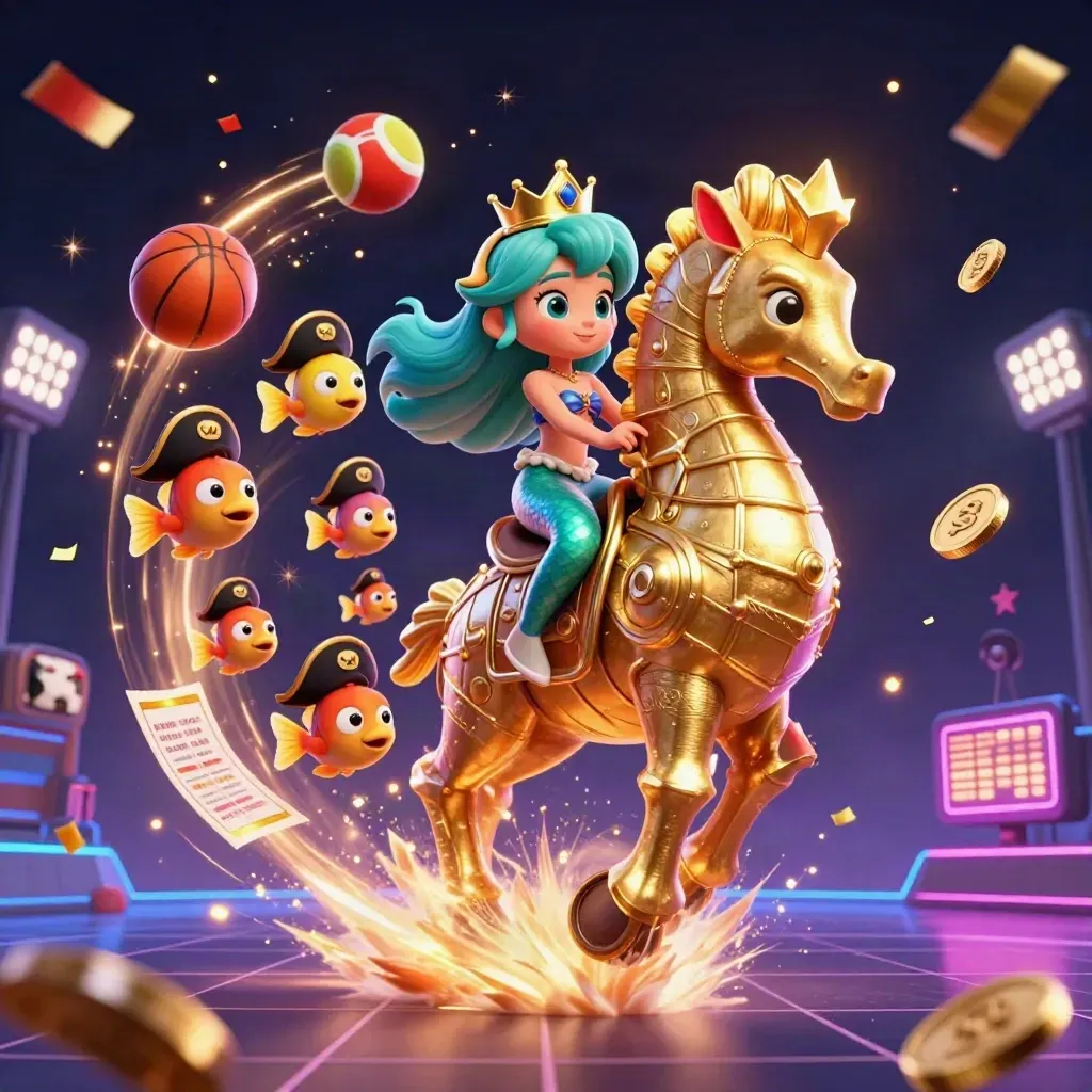 Mermaid princess on armored seahorse with pirate fish, flying sports balls, coins, trophy and neon casino lights.