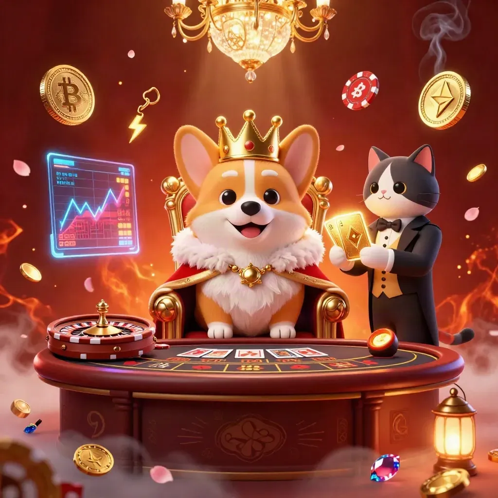 Royal corgi and cat butler amid glowing casino luxury, coins, lightning, and chips