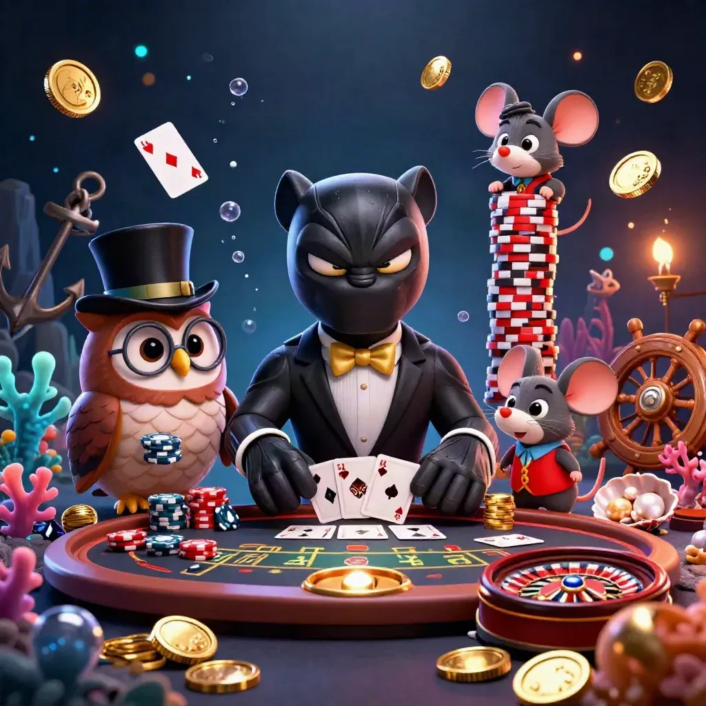 Panther, owl, and mouse in a luxe casino cove with coins, coral, and glowing lights.